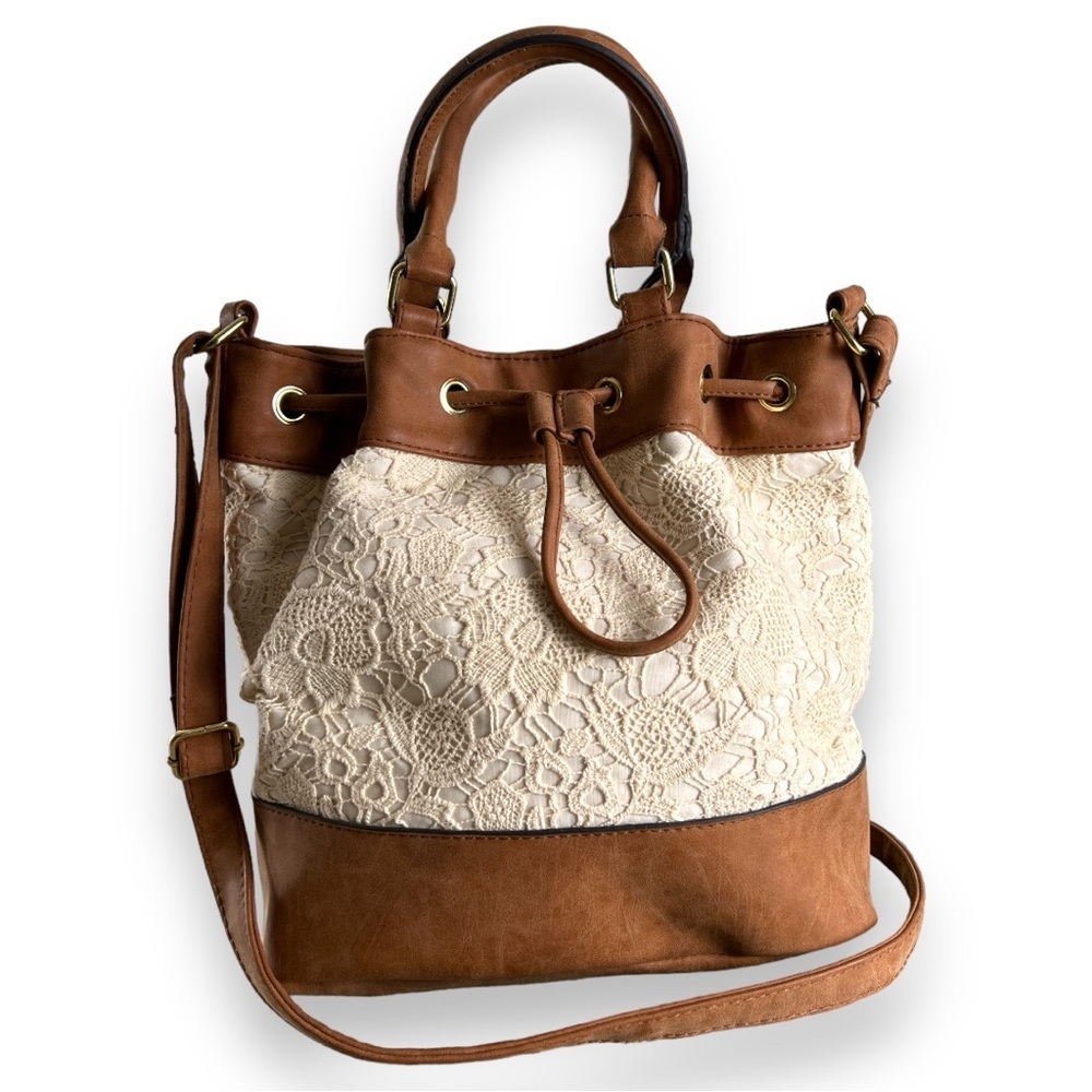 Payless  Vegan Leather Tan & Ivory Embroidered Crochet Bucket Bag Like New